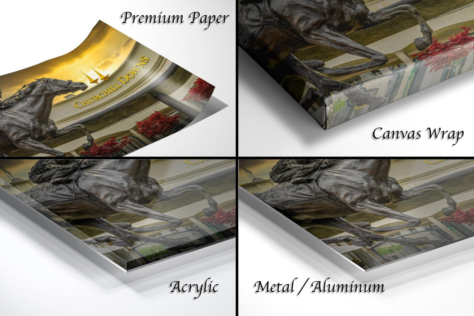 Churchill Downs wall art, Barbaro statue photo print, Kentucky Derby horse racing, Louisville sunset decor, famous racetrack artwork, thoroughbred horse tribute, bronze horse statue picture, iconic equestrian image, legendary racehorse photography, closed track fine art print, sunset at Churchill Downs, inspirational horse art, Kentucky equine decor, historic Louisville landmark, horse lover’s gift print