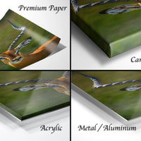 The image is a collage of four different views of a gazelle, with each view showing the gazelle in a different angle or perspective. The gazelle is depicted in a variety of colors, including shades of green, brown, and orange. The collage is labeled with text that provides information about the materials used to create the artwork, such as "Premium Paper", "Canvas Wrap", "Acrylic", and "Metal/Aluminum".