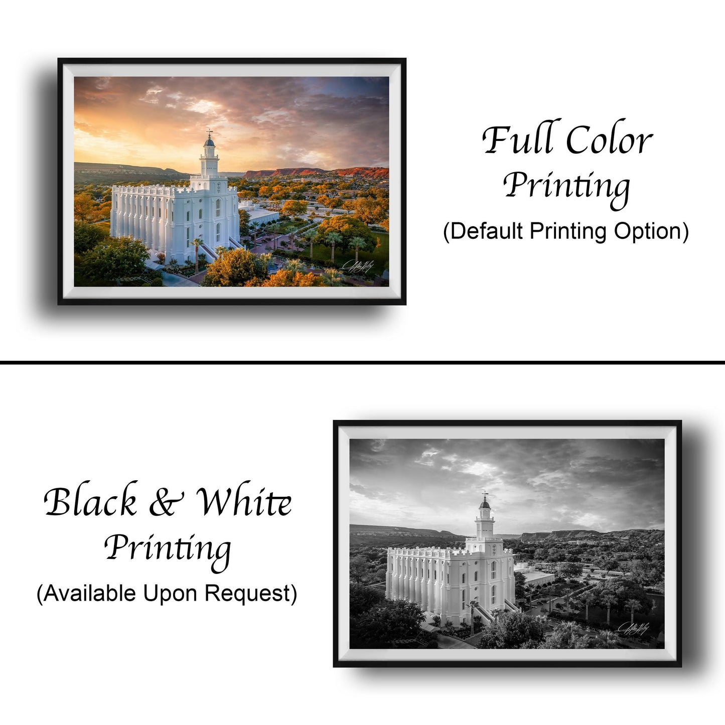 The image is a collage of two framed pictures. The top picture is a full color print of a white building with a tower, while the bottom picture is a black and white print of the same building. Both pictures are framed and displayed side by side.