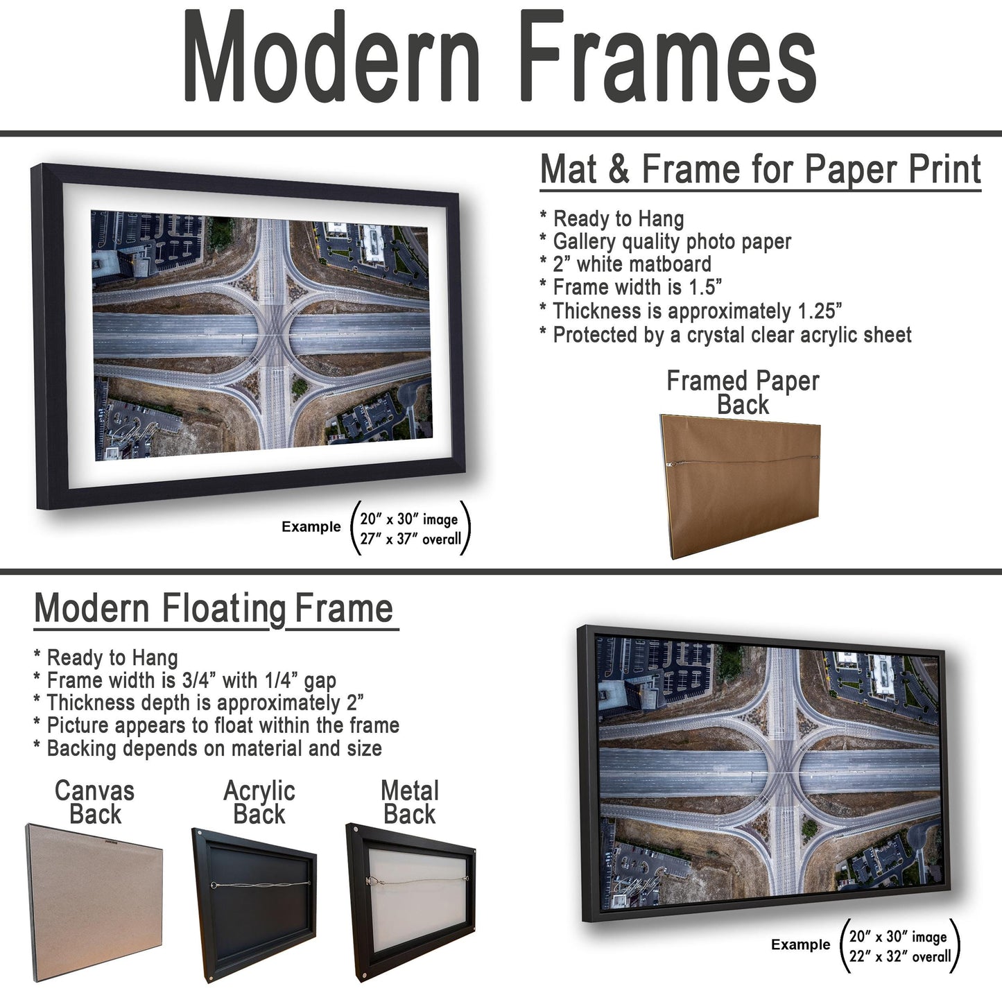 The image is a comparison of modern frames and floating frames for paper print. It features two examples of framed paper backings and two examples of modern floating frames, each with different frame widths and thicknesses.