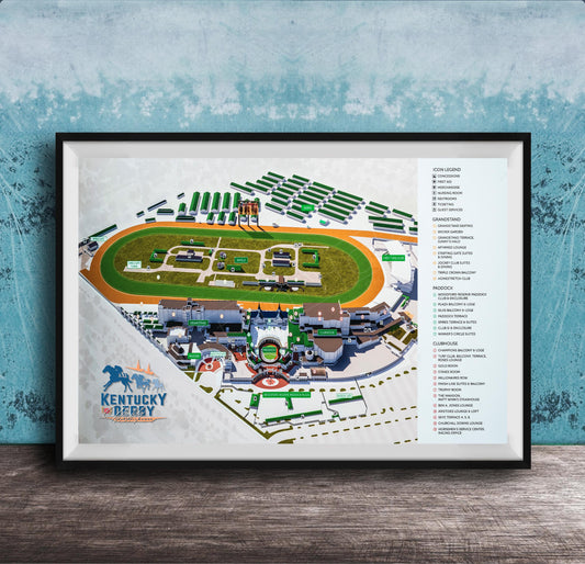 The image is a framed map of Kentucky Derby, a horse racing event, with various locations and facilities labeled.