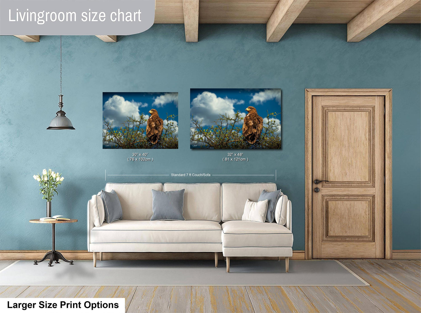 a living room with a white sofa, a wooden door, and two framed pictures of a bird, likely an eagle, hanging on the wall.