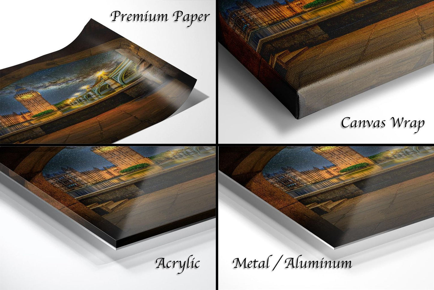 The image is a collage of four different views of a painting or artwork depicting a cityscape, with each view labeled as "Premium Paper", "Canvas Wrap", "Acrylic", and "Metal/Aluminum".