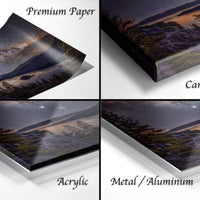 The image is a collage of four different views of a landscape painting, including a premium paper, a canvas wrap, an acrylic, and a metal/aluminum.
