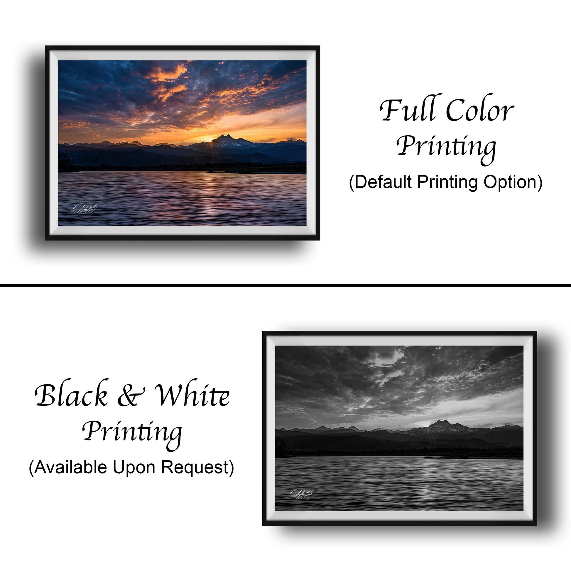 The image is a collage of two framed pictures. The top picture is a full color print of a sunset over a body of water, while the bottom picture is a black and white print of the same sunset. Both pictures are framed and available upon request.