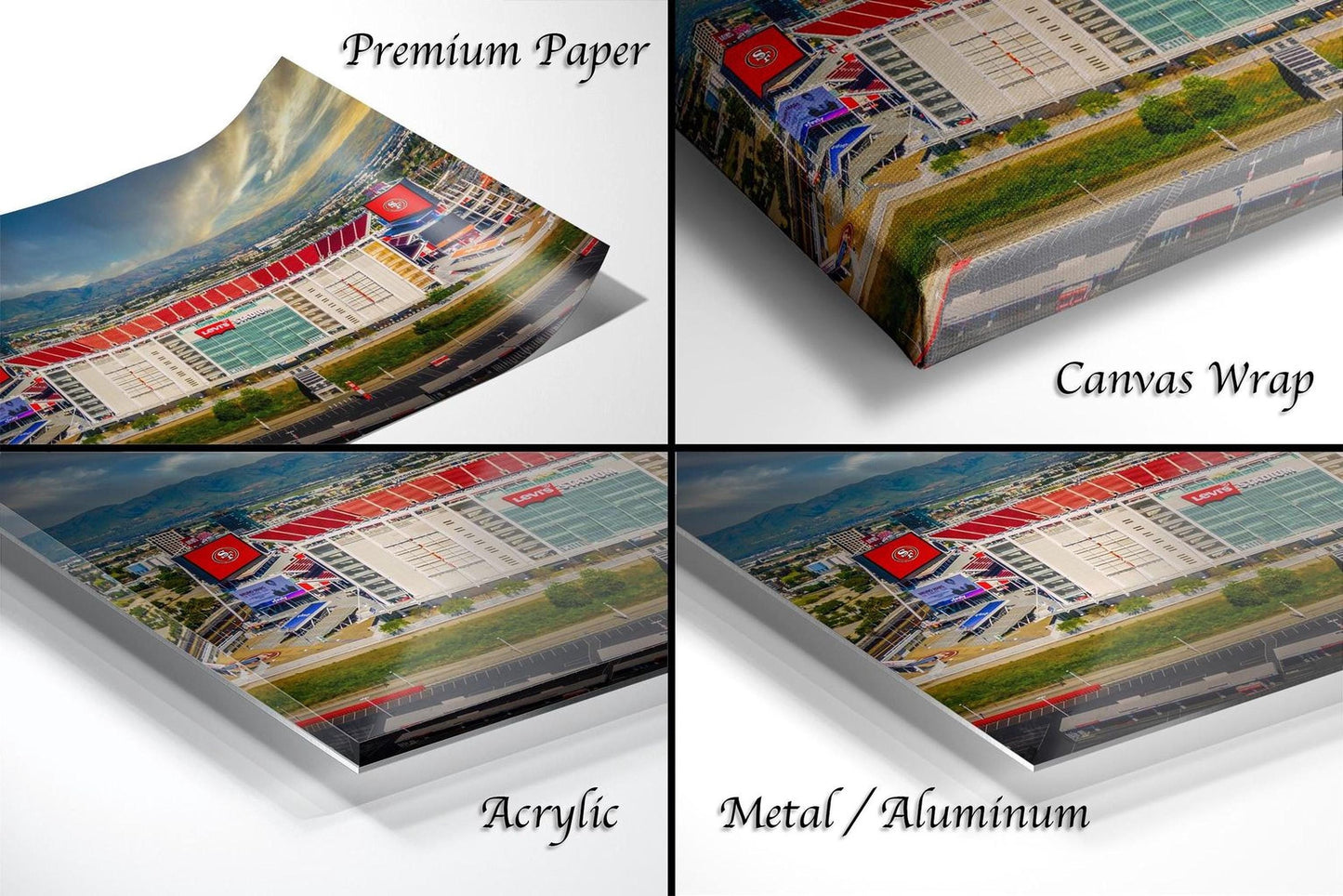four different views of a printed image, including a premium paper, a canvas wrap, an acrylic, and a metal/aluminum.