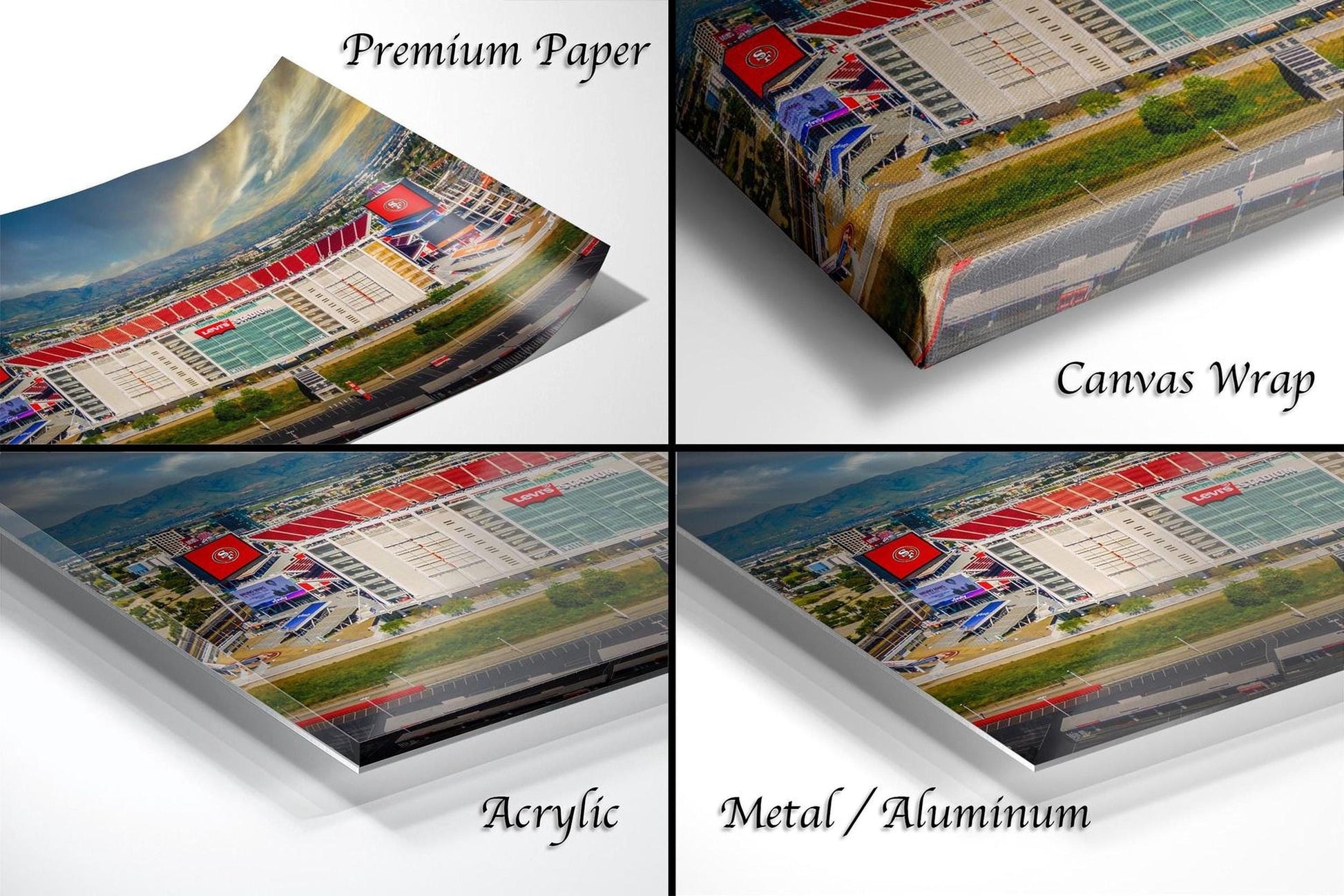 four different views of a printed image, including a premium paper, a canvas wrap, an acrylic, and a metal/aluminum.