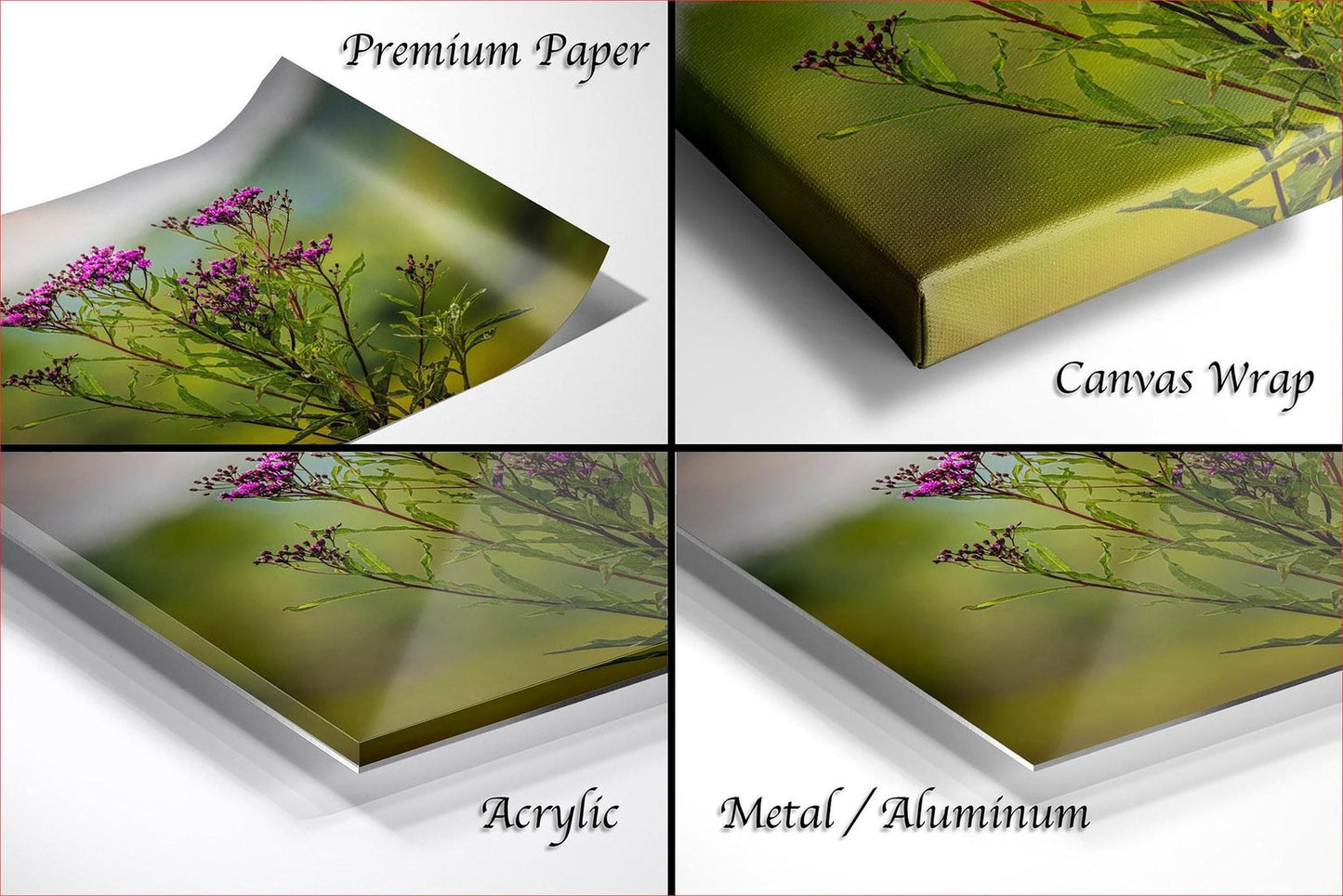 The image is a collage of four photos depicting different types of paper used for printing, including premium paper, canvas wrap, acrylic, and metal/aluminum.