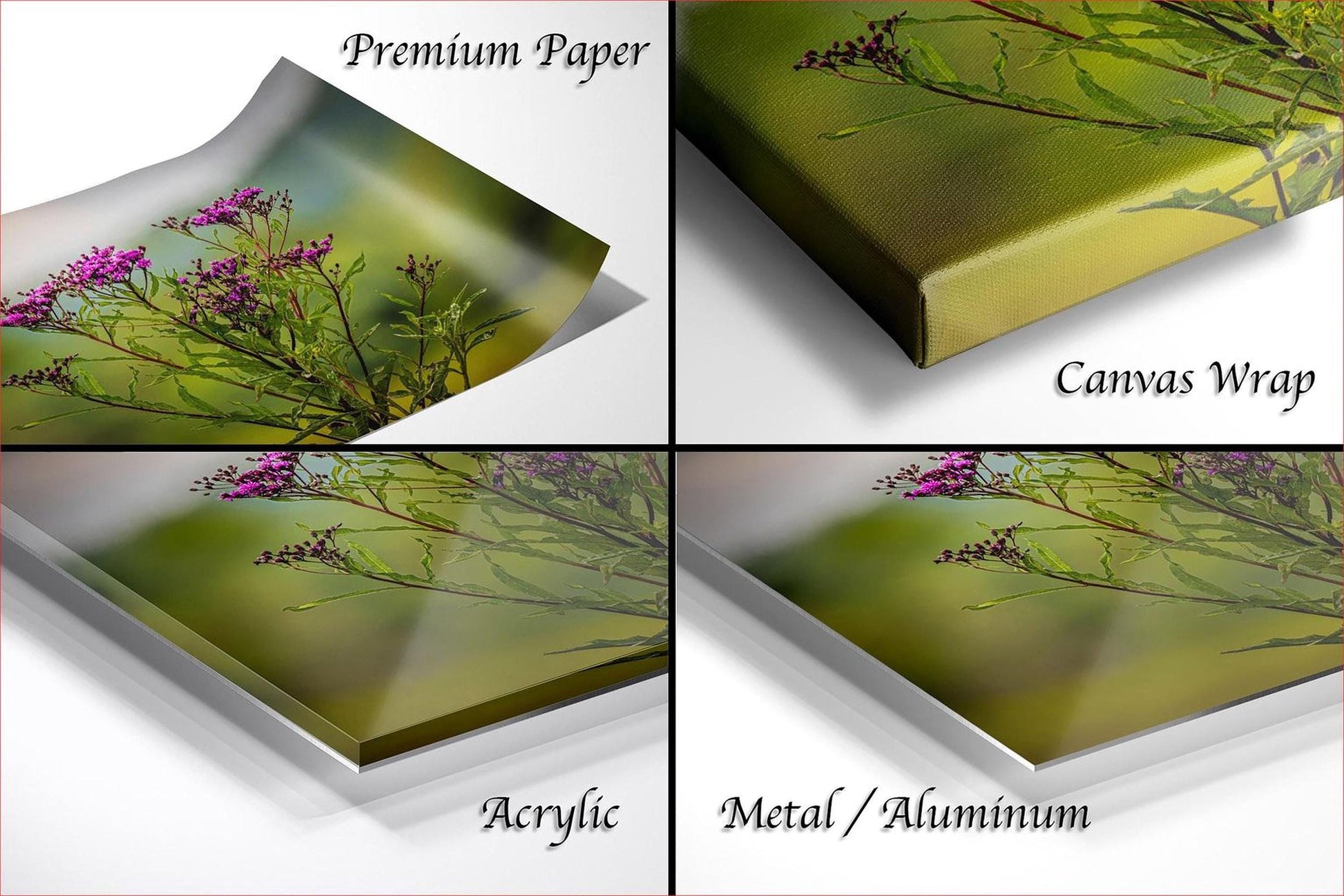 The image is a collage of four photos depicting different types of paper used for printing, including premium paper, canvas wrap, acrylic, and metal/aluminum.