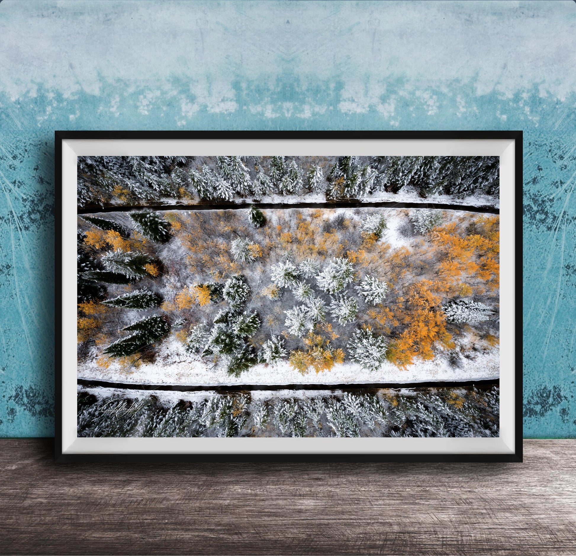 The image is a framed aerial view of a snowy forest landscape with trees covered in snow and some displaying autumn colors.