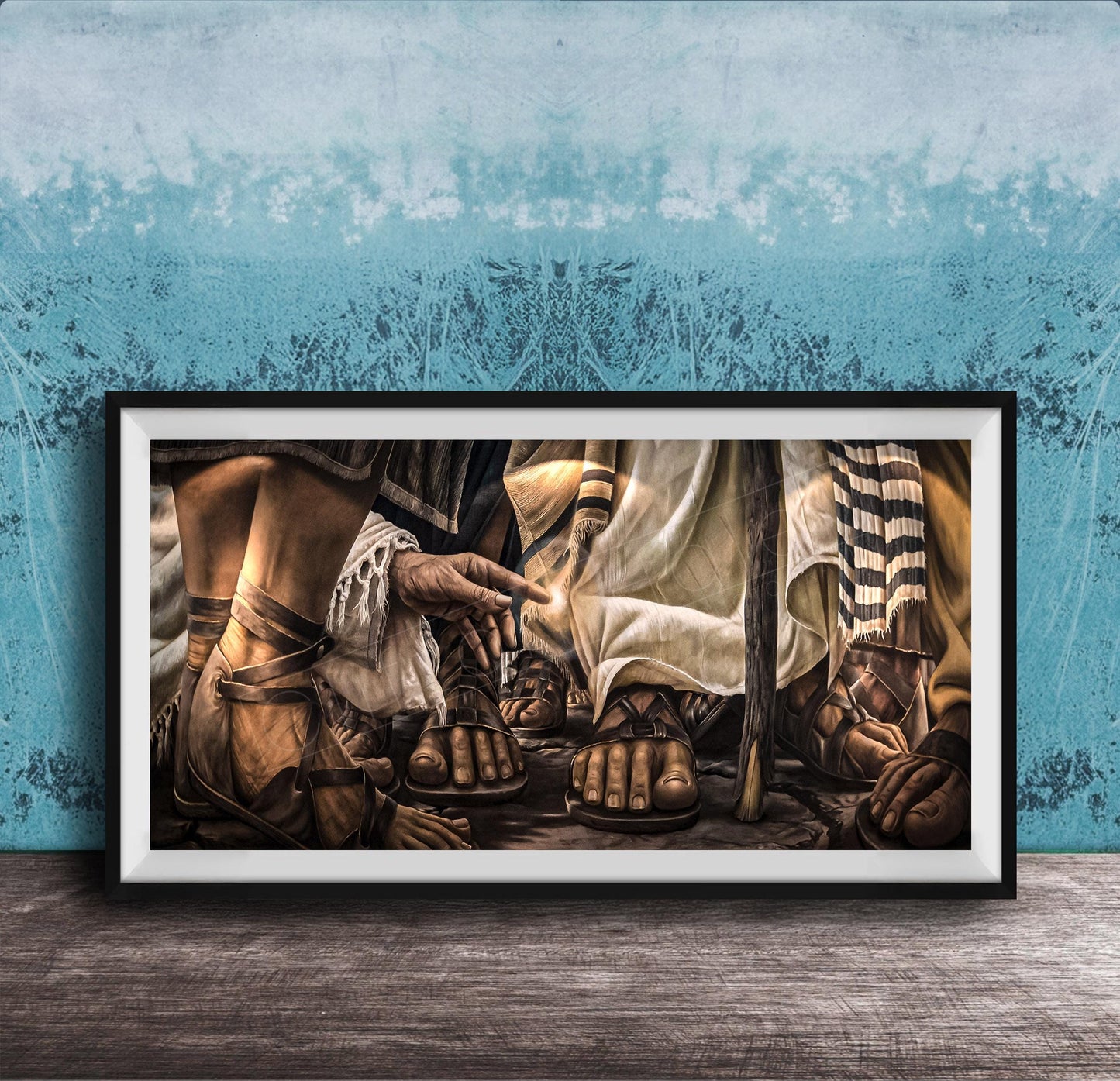 The image is a framed painting depicting a scene with a group of people wearing sandals, possibly from an ancient time or a historical period.