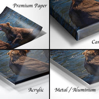 The image is a collage of four photos depicting a brown bear in various settings, including water and a forested area.