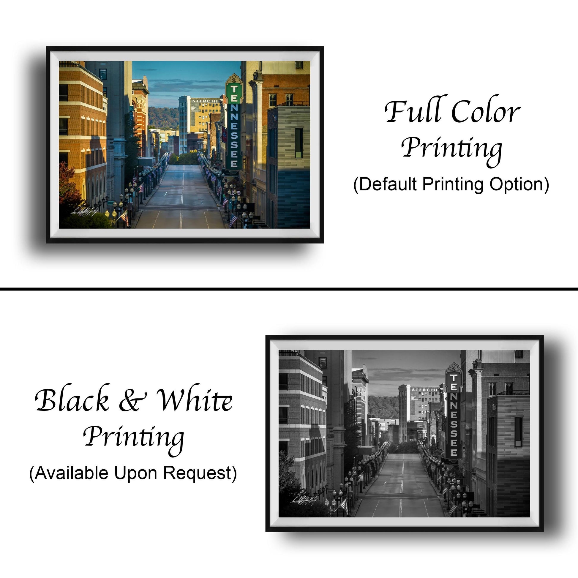 The image is a collage of two framed pictures. The top picture is a full-color print of a city street with tall buildings, while the bottom picture is a black and white print of the same city street. Both pictures are labeled as "Full Color Printing" and "Black & White Printing" respectively.