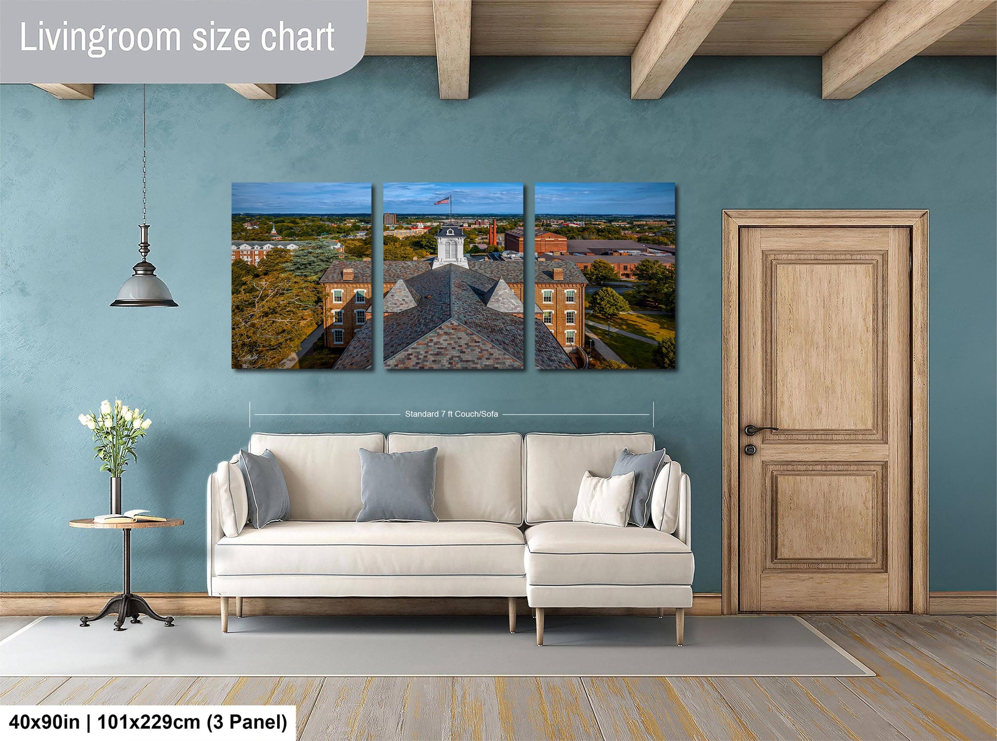The image is a living room with a large, three-panel living room size chart on the wall. The chart displays the dimensions of the living room in feet and inches, providing a visual representation of the room's size.