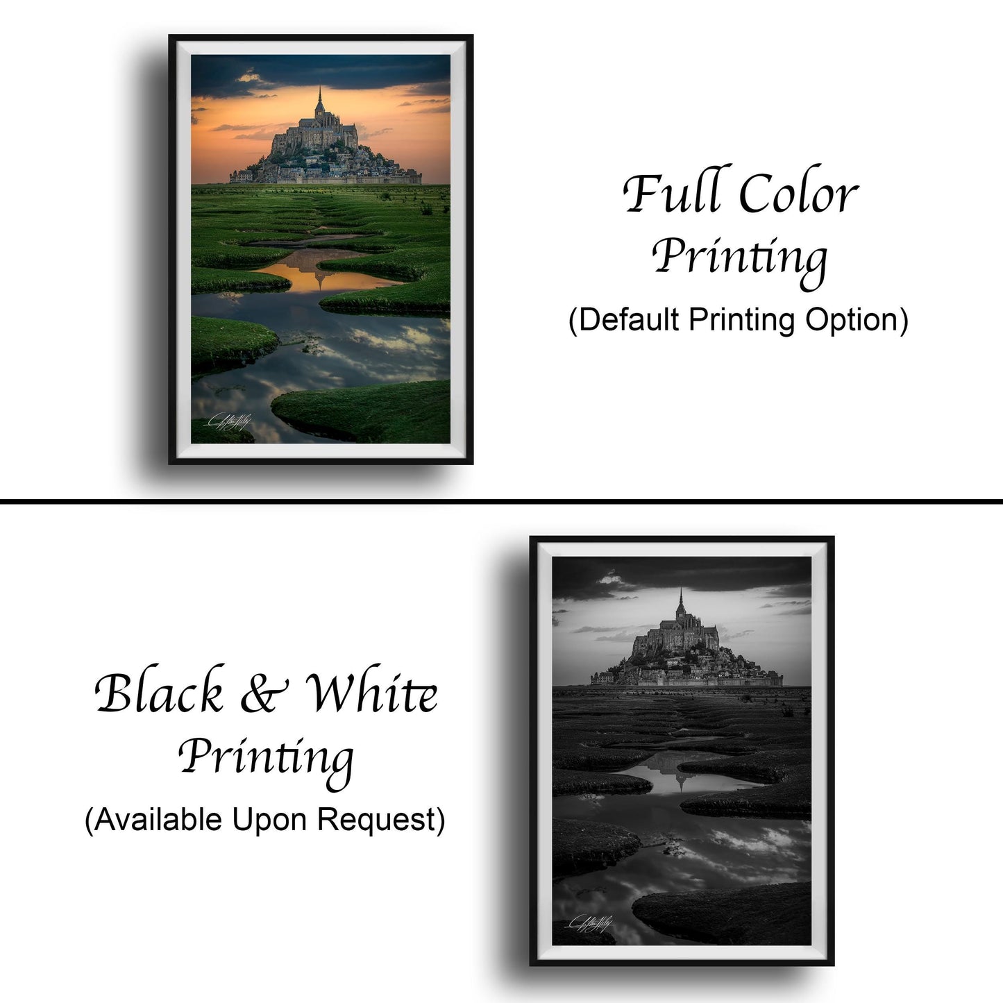 The image is a collage of two framed pictures. The top picture is a full color print of a castle at sunset, while the bottom picture is a black and white print of the same castle. Both pictures are framed and available upon request.