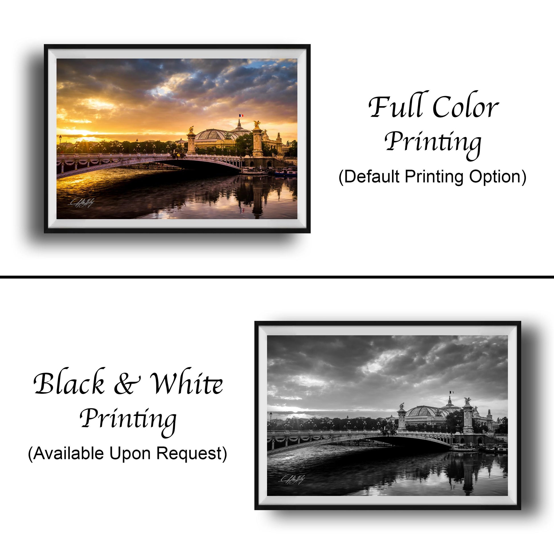 The image is a collage of two framed pictures. The top picture is a full color print of a bridge and the sky, while the bottom picture is a black and white print of the same bridge and sky. Both pictures are framed and available upon request.