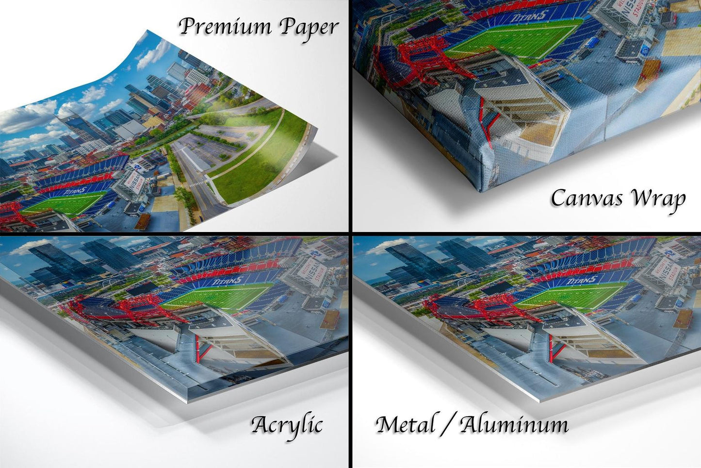 four different views of a cityscape, including a paper, canvas wrap, and three different types of materials: acrylic, metal, and aluminum.
