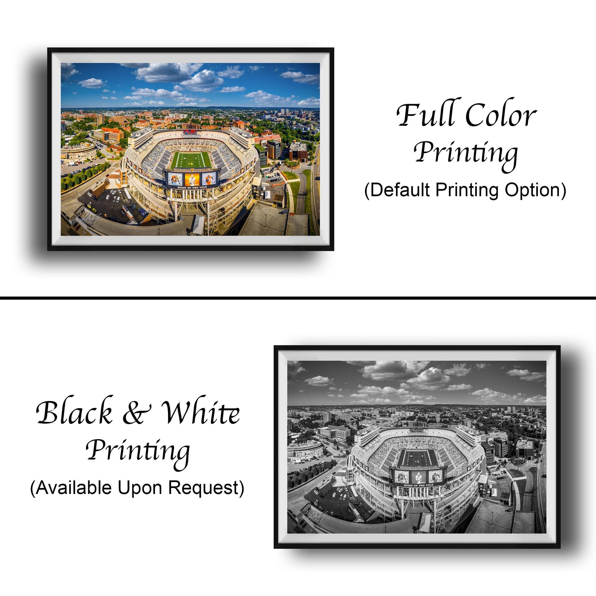 The image is a collage of two framed pictures. The left frame shows a full color image of a stadium, while the right frame displays a black and white version of the same stadium. The text below the images indicates that the full color printing is available upon request.