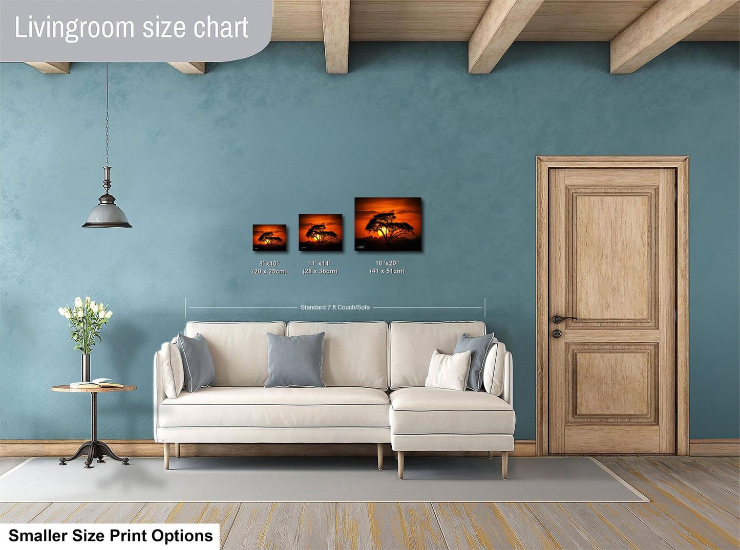 a living room with a white sofa, a wooden door, and a painting of a horse on the wall. The living room appears to be designed for relaxation and comfort, with a focus on the artwork and the overall aesthetic.