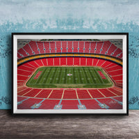 The image is a framed photograph of a football stadium, specifically the Kansas City Chiefs stadium, with a focus on the field and seating areas.