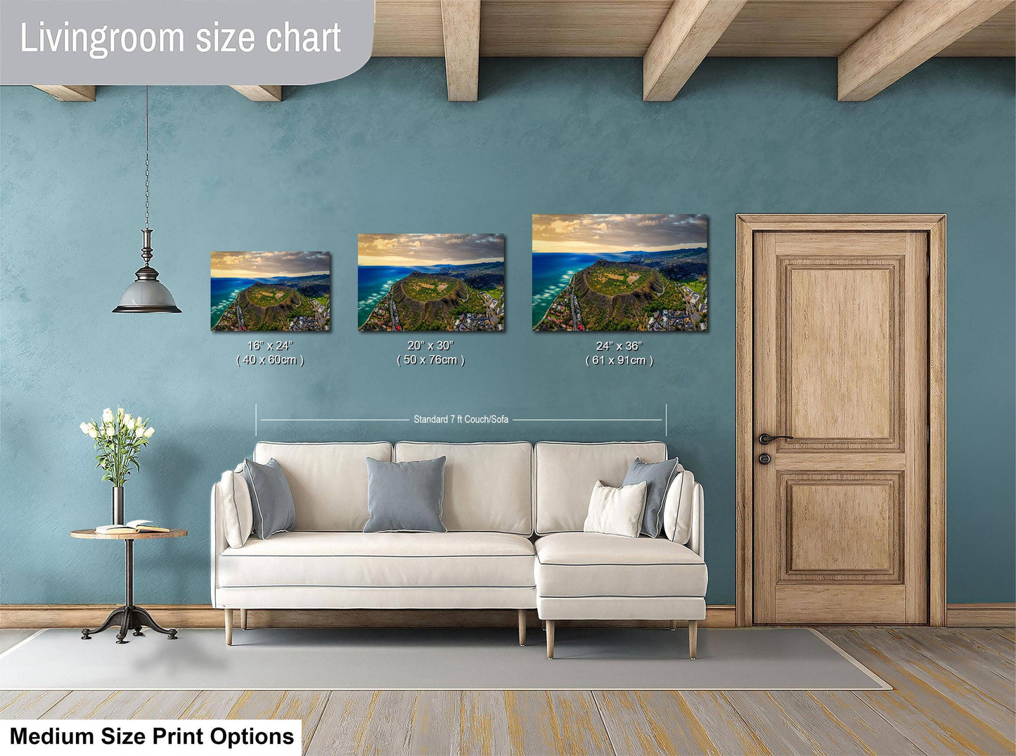 The image is a livingroom size chart with three framed landscape paintings of varying sizes, each depicting a different coastal scene. The paintings are hung above a white sofa, which is positioned in front of a wooden door. The chart provides a visual representation of the different sizes of the paintings, allowing viewers to compare the dimensions and sizes of the artwork.