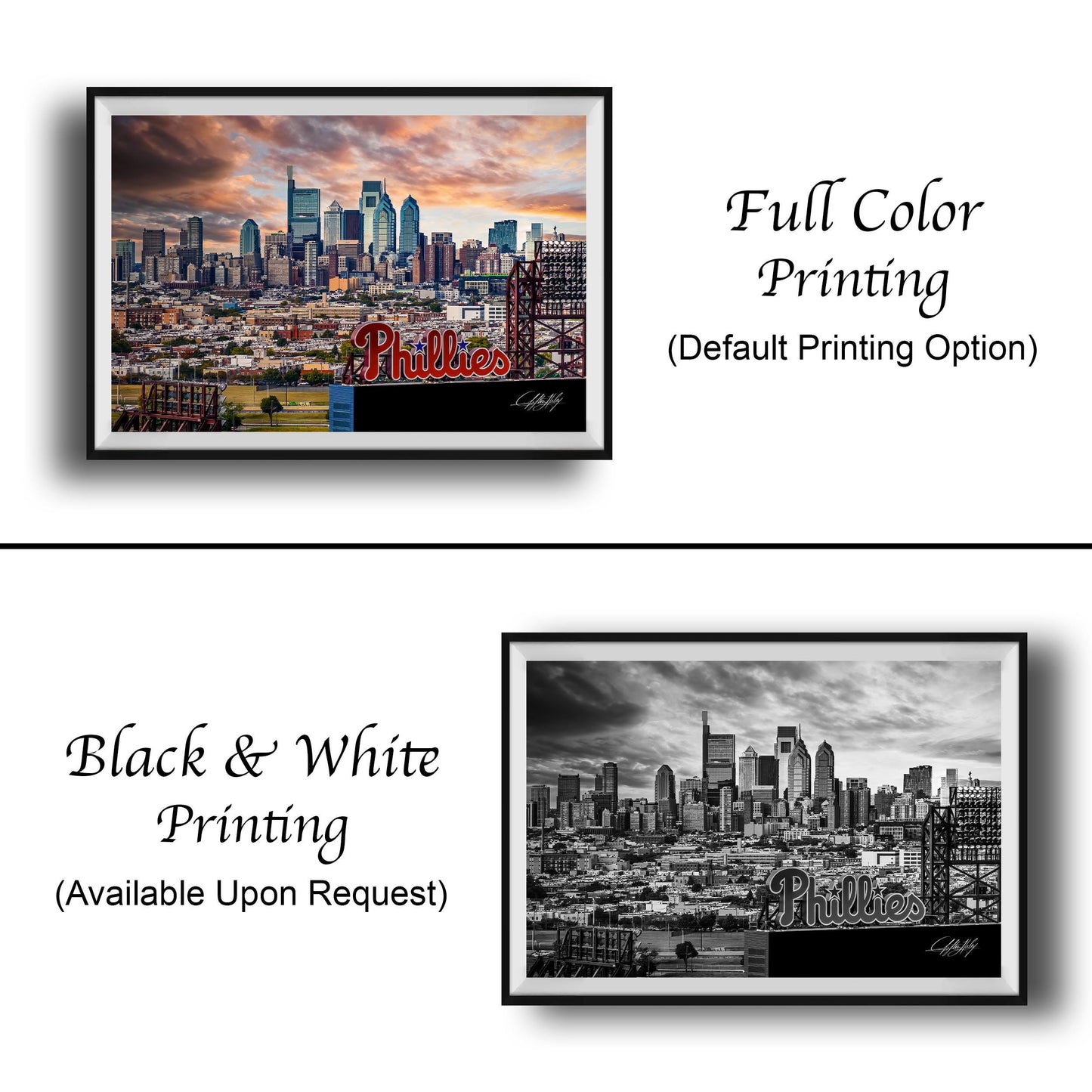 The image is a collage of two framed cityscape photographs. The top photograph is a full-color print of the Philadelphia skyline, while the bottom photograph is a black and white print of the same skyline. Both prints feature the Philadelphia logo prominently.