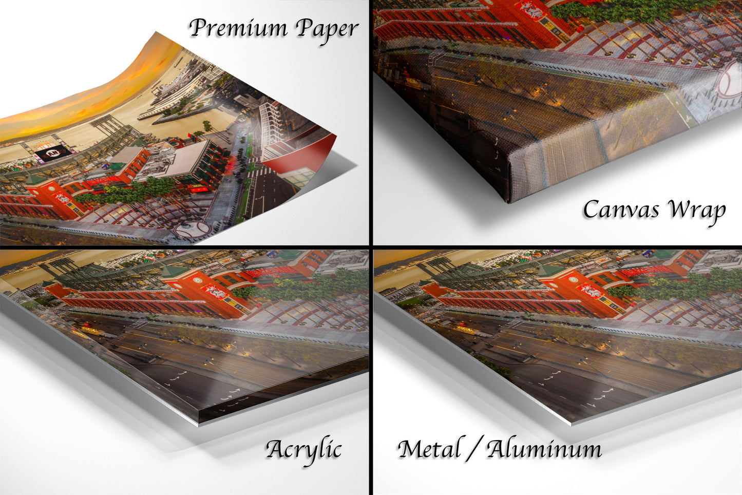 The image is a collage of four different types of printed materials, including a premium paper, a canvas wrap, an acrylic, and a metal/aluminum.