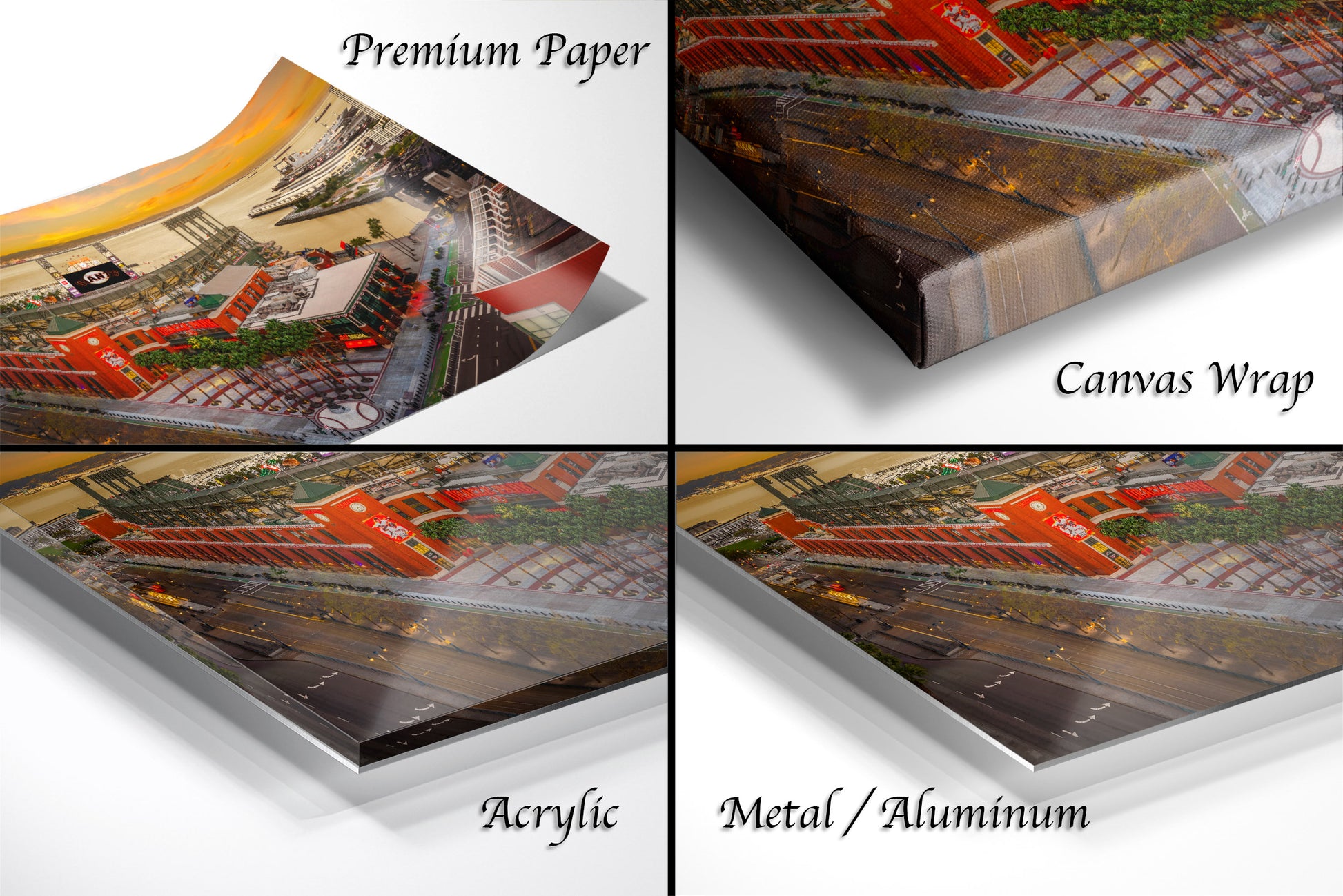 The image is a collage of four different types of printed materials, including a premium paper, a canvas wrap, an acrylic, and a metal/aluminum.