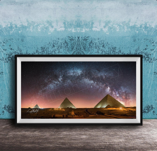 Pyramids of Giza Art Print – Milky Way Night Sky Cosmic Landscape Wall Decor