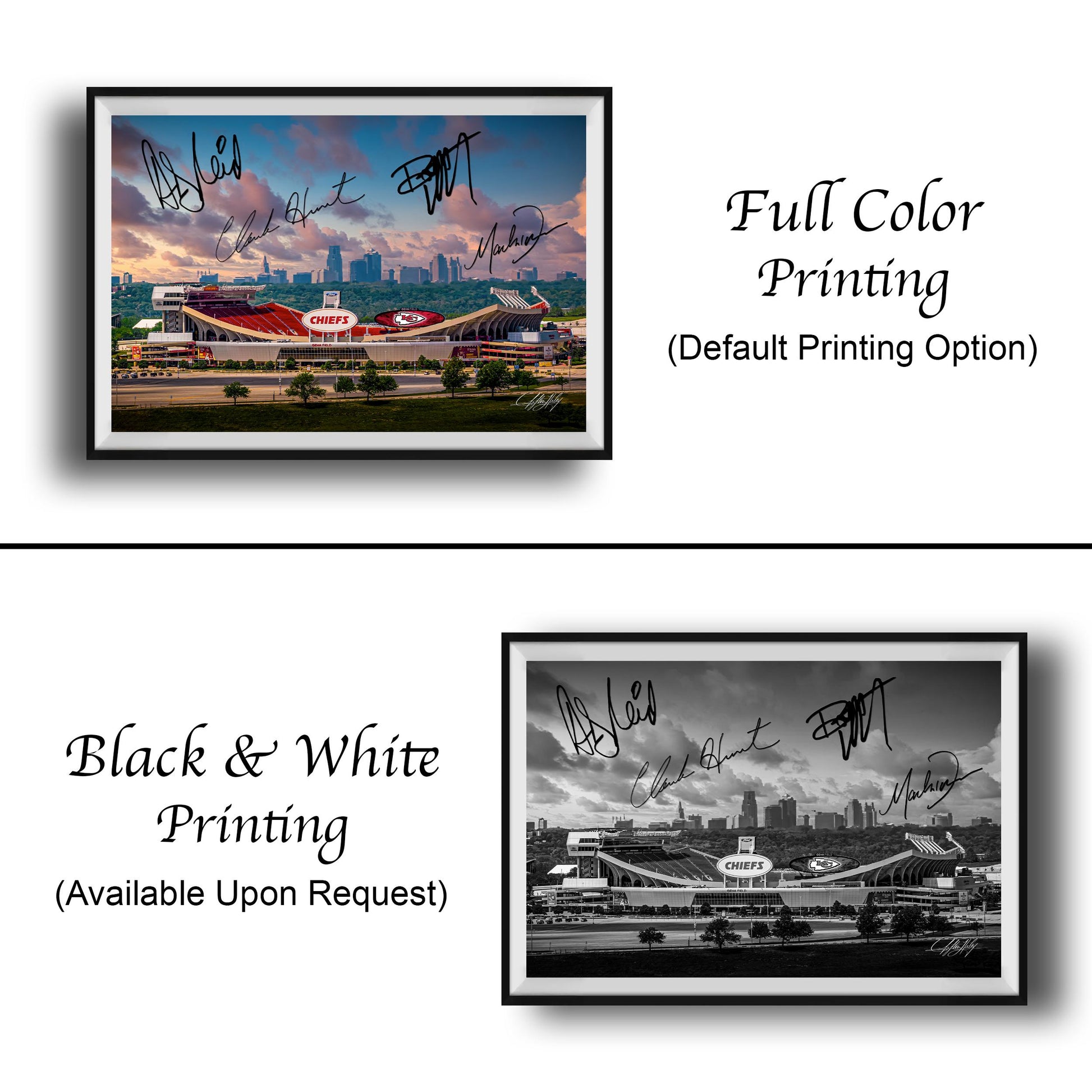 two framed pictures. The left frame is a full-color print of a stadium, while the right frame is a black and white print of the same stadium. Both frames have signatures on them, indicating that they are autographed prints.