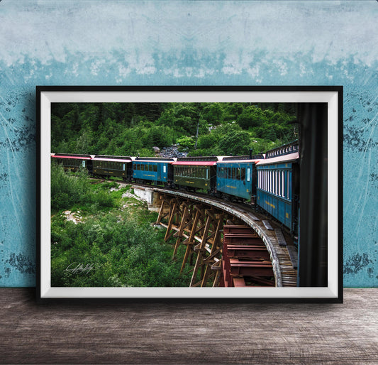 A framed photograph of a train traveling on a curved track through a lush, green forest.
