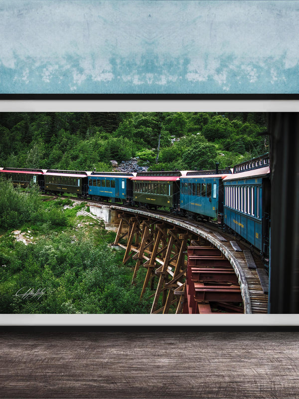 A framed photograph of a train traveling on a curved track through a lush, green forest.