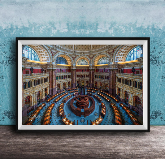 This luxury fine art photograph captures the grand interior architecture of the Library of Congress in Washington DC. Marble columns, ornate ceilings, and classical symmetry create a refined composition rooted in American national history and cultural legacy. Ideal for collectors, professionals, and interior designers seeking museum-quality wall art that embodies intellect, heritage, and timeless elegance.