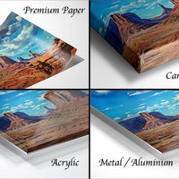 The image is a collage of four different images depicting a desert landscape, with each image labeled as either "Premium Paper", "Canvas Wrap", "Acrylic", or "Metal/Aluminum".