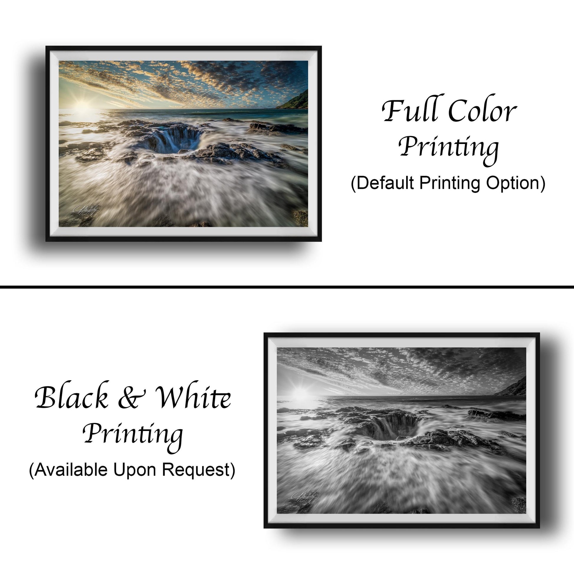 The image is a collage of two framed photographs. The top photograph is a full color print of a landscape with a waterfall, while the bottom photograph is a black and white print of the same landscape. Both prints are framed and available upon request.