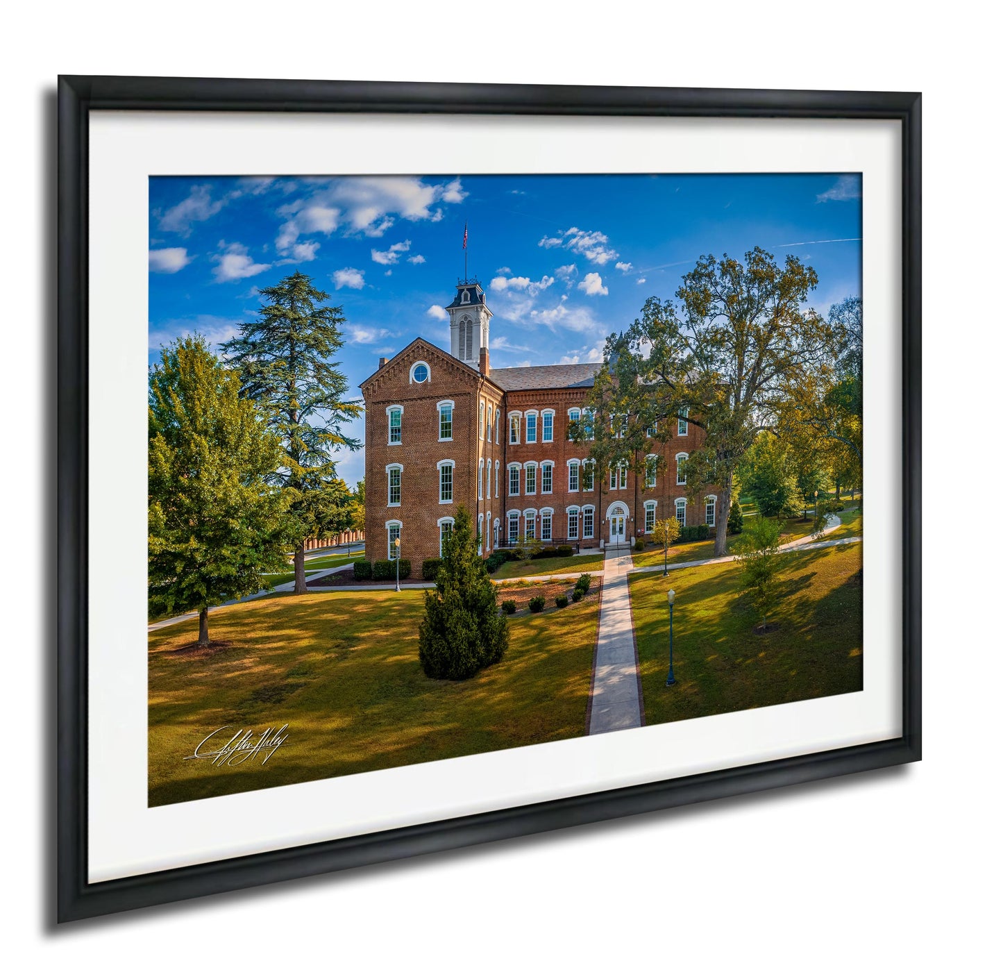 A brick building with a tower and a flag on top, surrounded by trees and a grassy area, with a clear blue sky in the background.