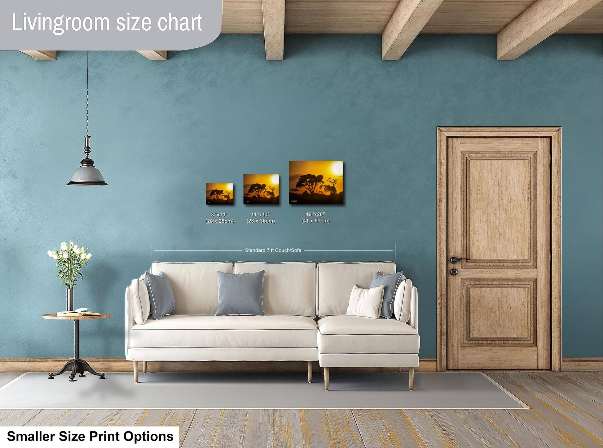 a living room with a white sofa, a wooden door, and a hanging light fixture. There are three framed prints displayed on the wall, each with different sizes and dimensions. The text "Livingroom size chart" is visible, indicating that the image is a size chart for the living room.