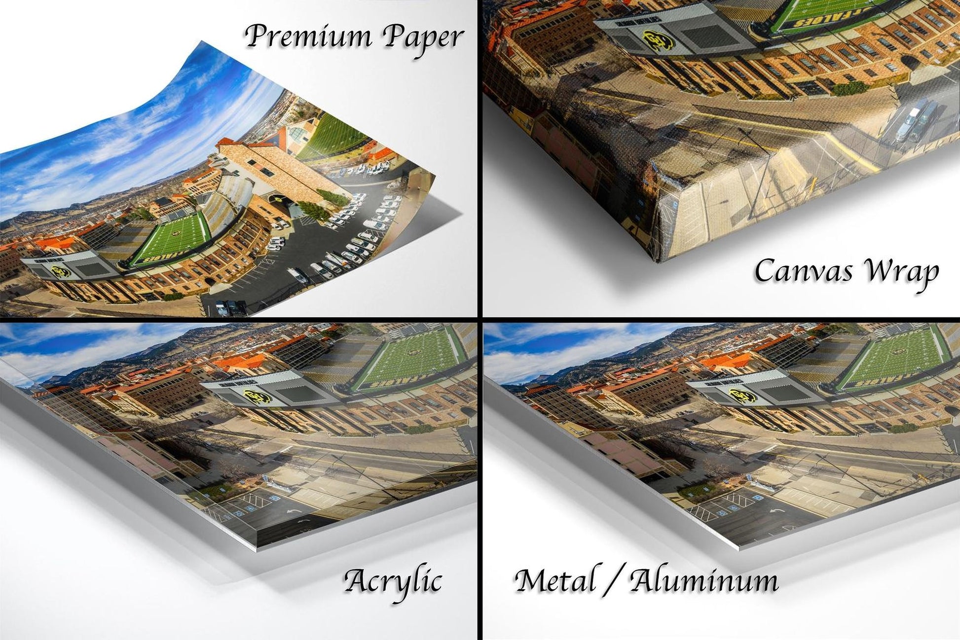 The image is a collage of four different views of a cityscape, each with a distinct perspective and angle. The collage includes a close-up view of the city's buildings, a panoramic view of the city skyline, a detailed view of the city's streets, and a high-angle view of the city's architecture. The collage is labeled as "Premium Paper", "Canvas Wrap", "Acrylic", and "Metal/Aluminum" to describe the materials used in the different views.