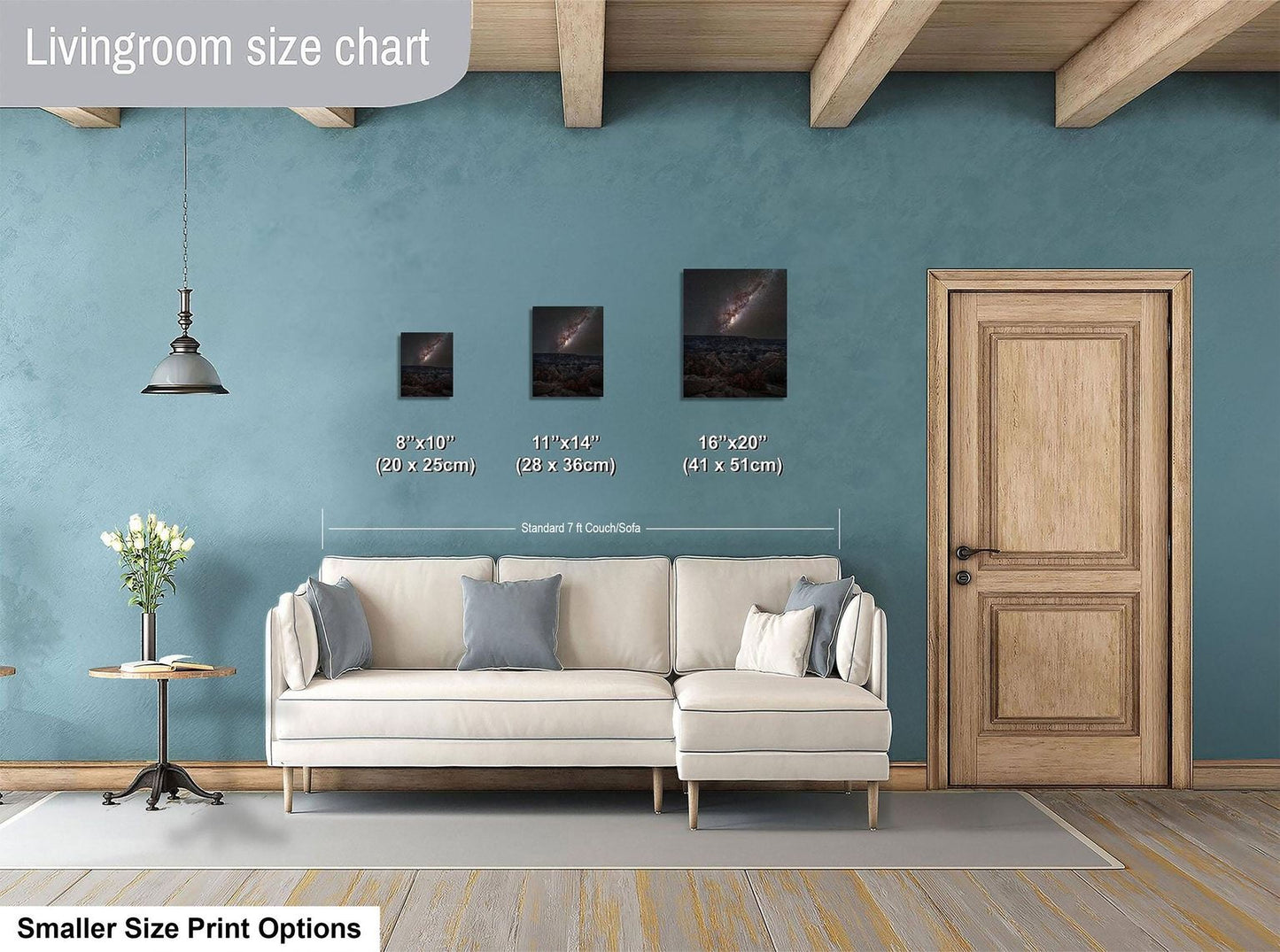 a living room with a white sofa, a wooden door, and a painting on the wall. The living room appears to be designed for relaxation and comfort, with a focus on the furniture and decor.