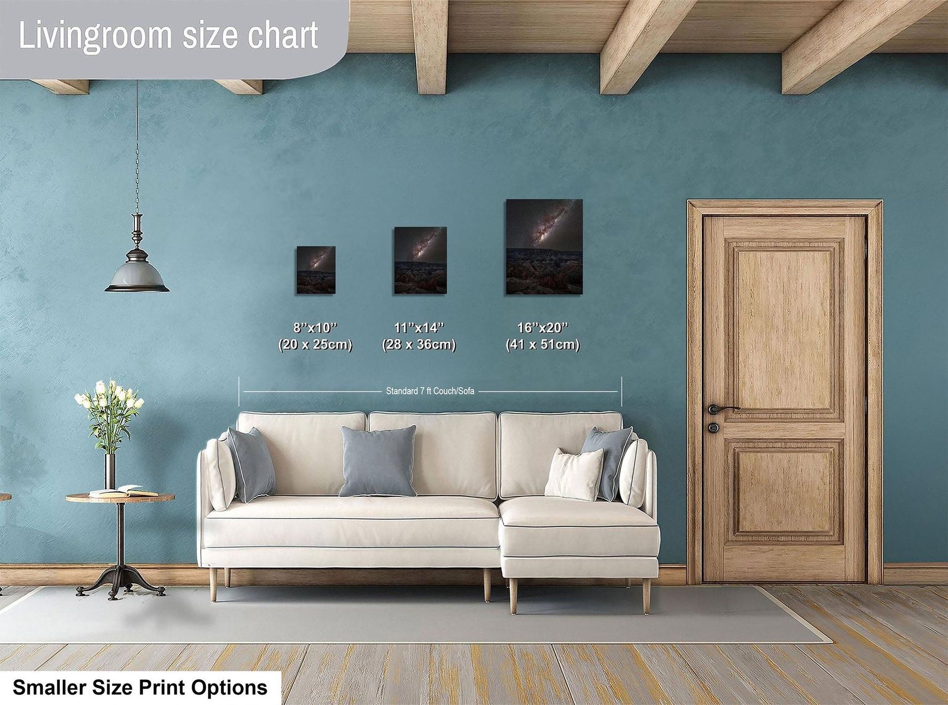 a living room with a white sofa, a wooden door, and a painting on the wall. The living room appears to be designed for relaxation and comfort, with a focus on the furniture and decor.