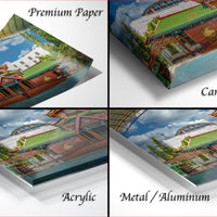 The image is a collage of four photos depicting a traditional Chinese temple, with each photo labeled with the type of material it is printed on: "Premium Paper", "Canvas Wrap", "Acrylic", and "Metal/Aluminum".