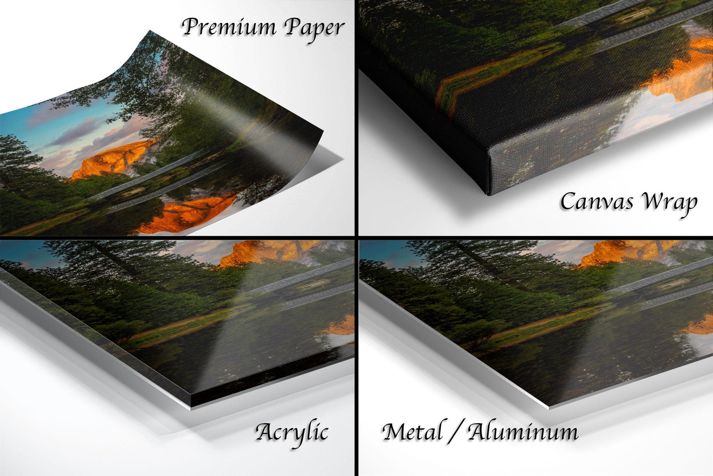 The image is a collage of four different types of print materials, including premium paper, canvas wrap, acrylic, and metal/aluminum.