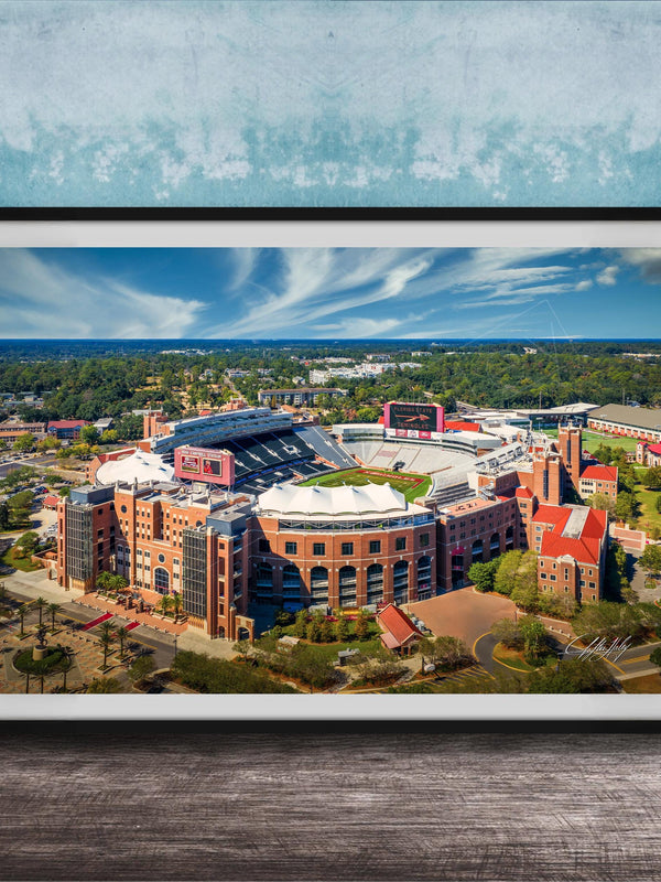 The image is a framed aerial view of a large sports stadium, showcasing its distinctive architecture and surrounding landscape.