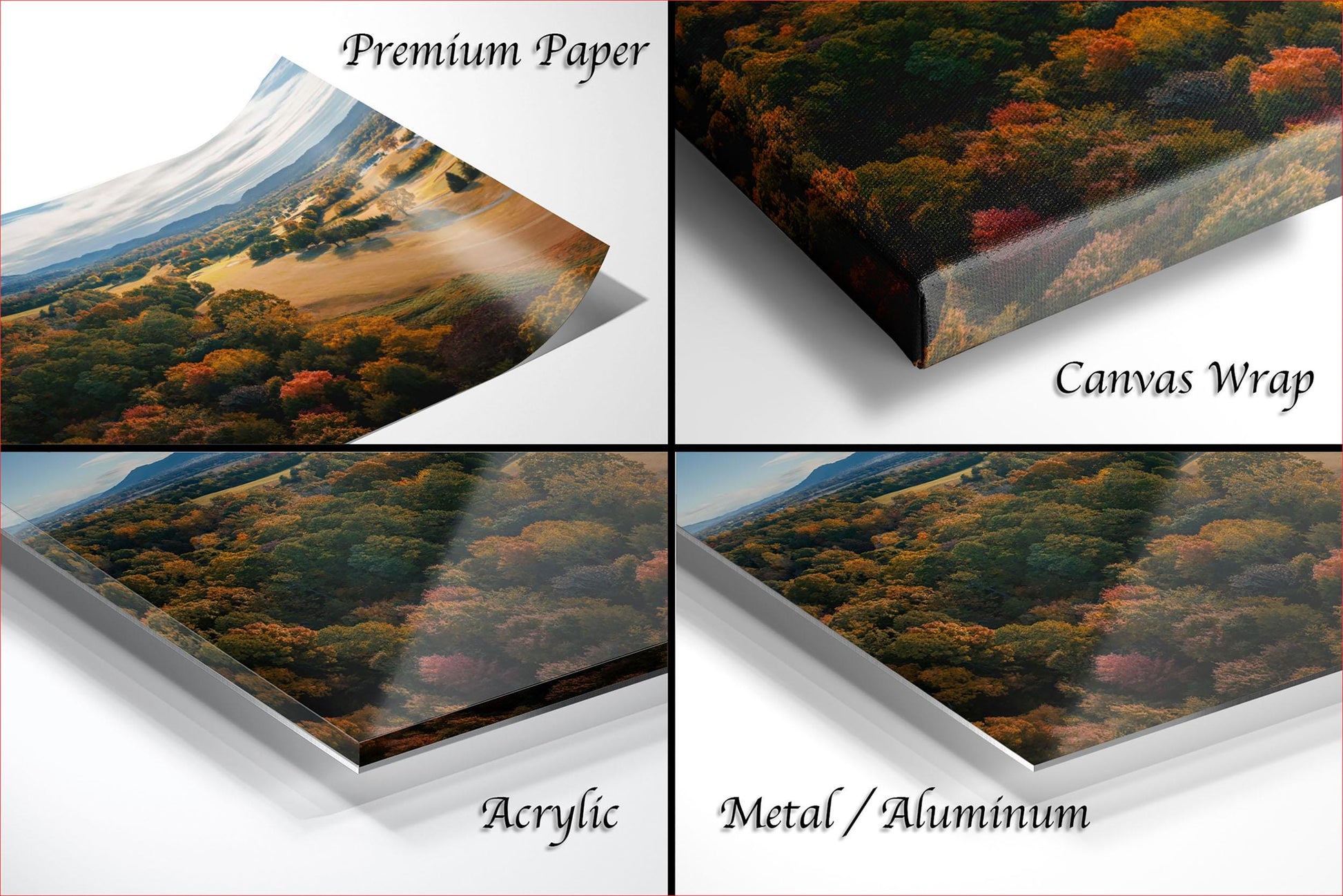 The image is a collage of four different images, each depicting a landscape scene. The images are labeled as "Premium Paper", "Canvas Wrap", "Acrylic", and "Metal/Aluminum".