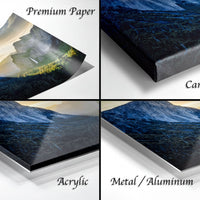The image is a collage of four photos depicting different types of materials used for printing or framing artwork, including premium paper, canvas wrap, acrylic, and metal/aluminum.