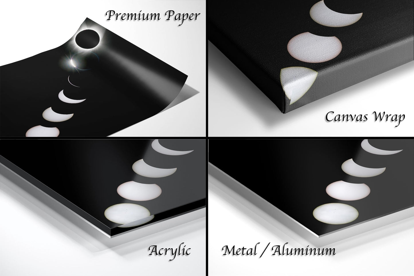 The image is a collage of four different images depicting various aspects of a canvas wrap, including the paper, the canvas wrap, the surface of the canvas wrap, and the surface of the acrylic material.