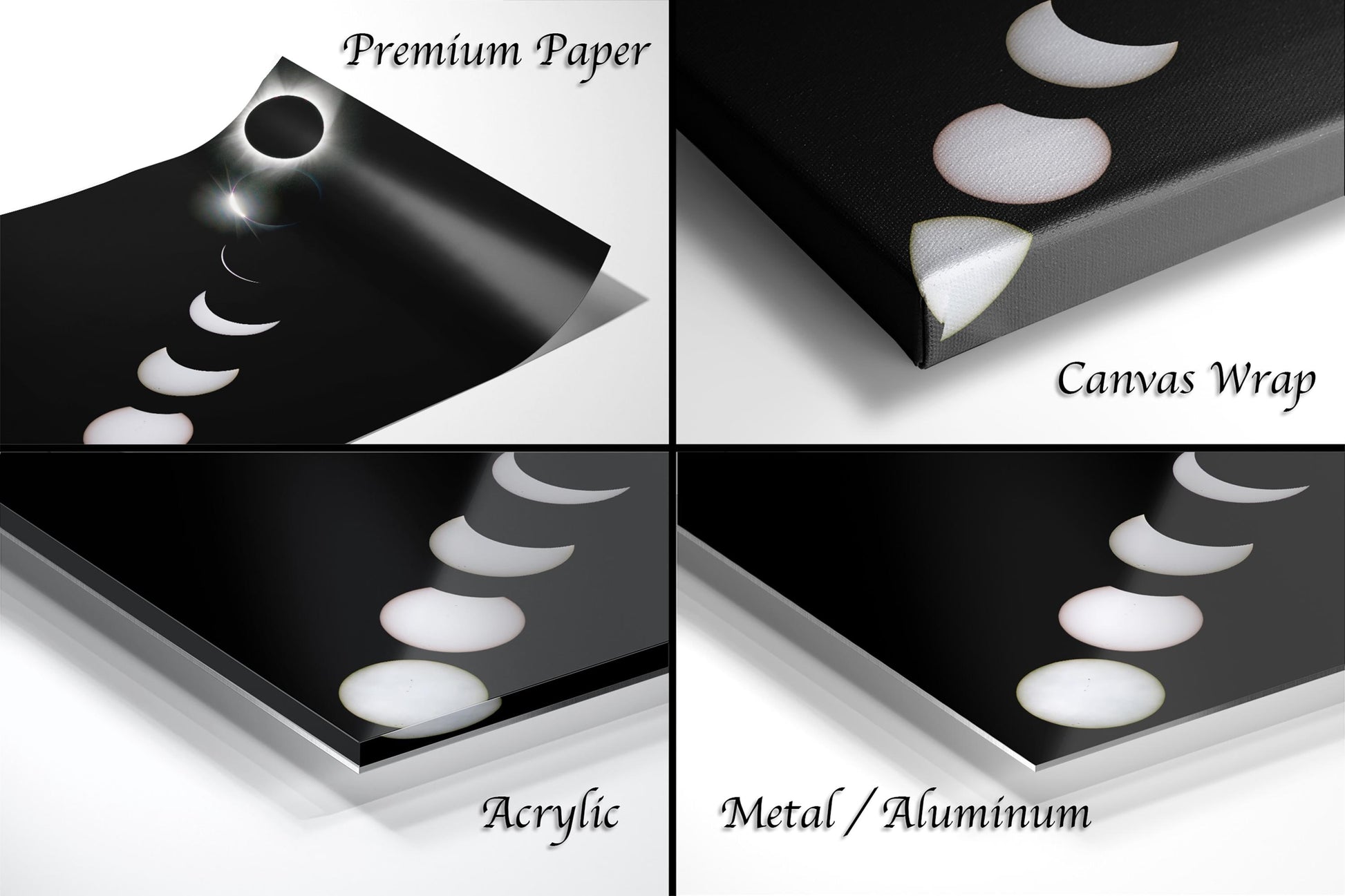 The image is a collage of four different images depicting various aspects of a canvas wrap, including the paper, the canvas wrap, the surface of the canvas wrap, and the surface of the acrylic material.