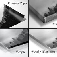 The image is a collage of four different images, each depicting a forest scene. The images are labeled as "Premium Paper", "Canvas Wrap", "Acrylic", and "Metal/Aluminum".