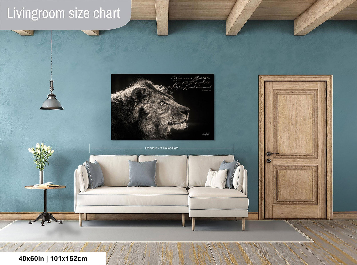 a living room with a large wall art depicting a lion's head. The living room has a white sofa, a wooden door, and a wooden floor. The wall art is approximately 40 inches wide and 11.5 inches tall.