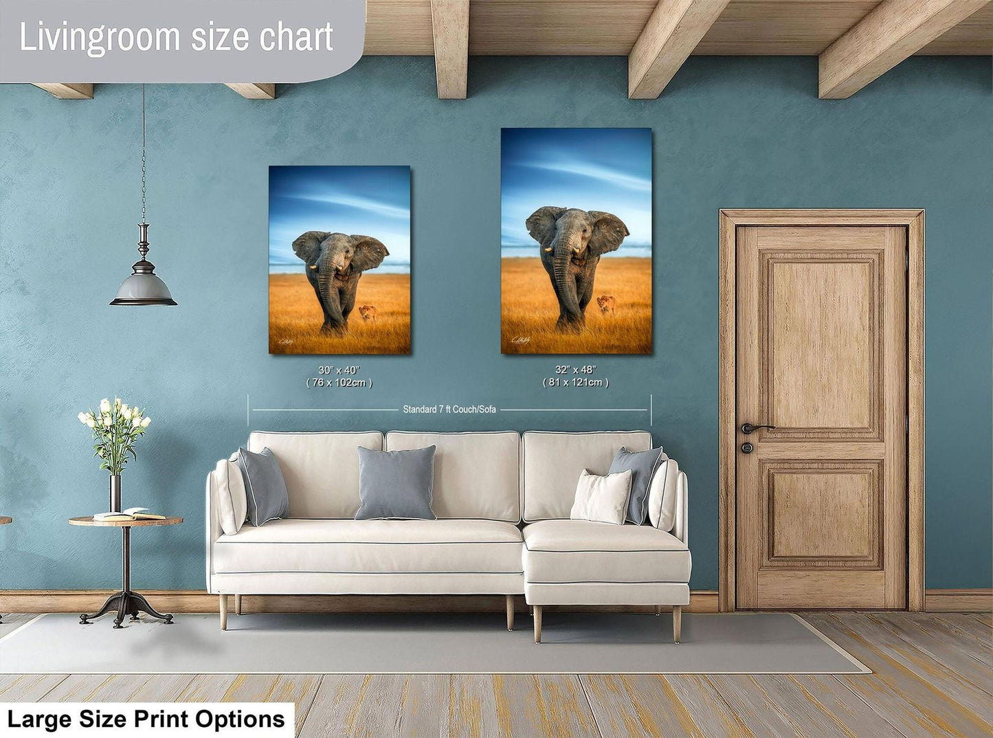a living room with a white sofa and a wooden door. Above the sofa, there are two framed pictures of elephants in a field, one larger than the other. The wall behind the sofa has a blue color, and there is a lamp hanging from the ceiling. The living room appears to be well-decorated and spacious.